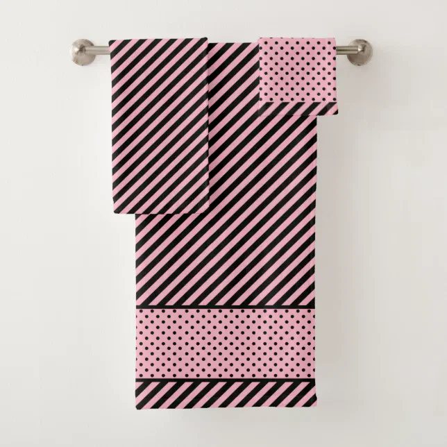 Diagonal Pink and Black Stipes and Polka Dots Bath Towel Set Zazzle