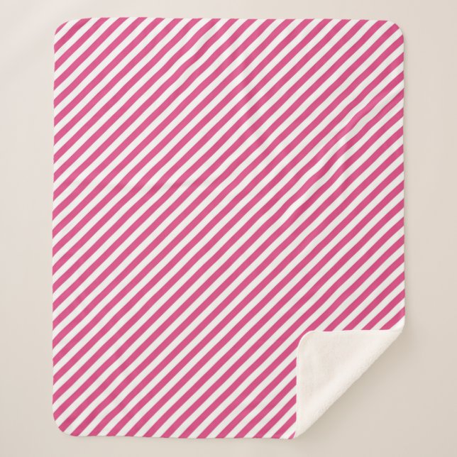 Diagonal pink and white stripes pattern sherpa blanket (Front)