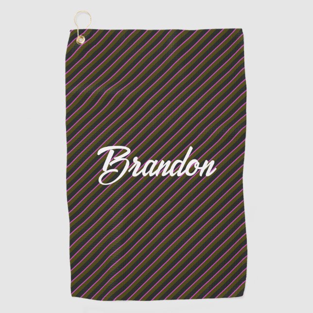 Diagonal pink, brown and black stripes golf towel (Front)