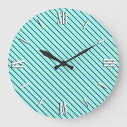 Diagonal pinstripes _ aqua and navy large clock