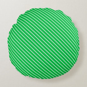 Diagonal pinstripes - emerald green and white round pillow