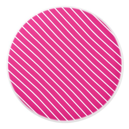 Diagonal pinstripes _ fuchsia pink and white ceramic knob