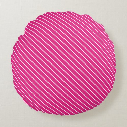 Diagonal pinstripes _ fuchsia pink and white round pillow