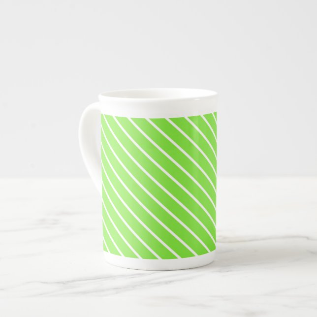 Diagonal pinstripes - lime green and white bone china mug (Front Left)