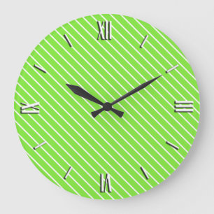 Diagonal pinstripes - lime green and white large clock