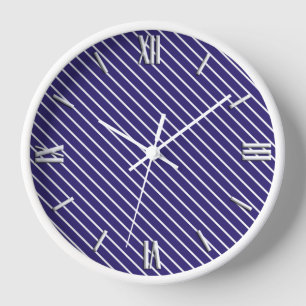 Diagonal pinstripes - navy blue and white wall clock