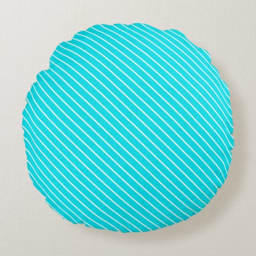 Diagonal pinstripes _ turquoise and white round pillow