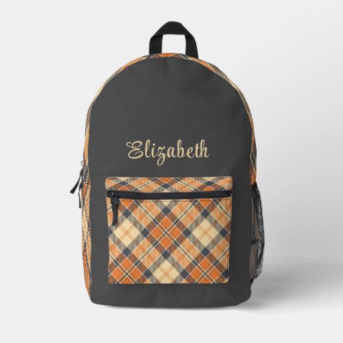 Diagonal Plaid _ Orange Grey _ Peach Text Printed Backpack