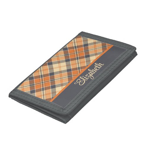 Diagonal Plaid_ Orange Grey Peach  Trifold Wallet