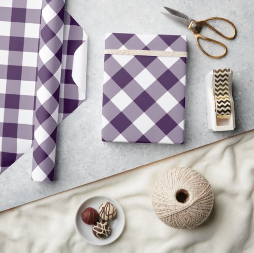 Diagonal Purple and White Buffalo Plaid Wrapping Paper