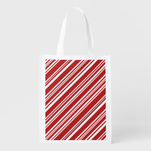 Diagonal Red and White Peppermint Stripes Grocery Bag