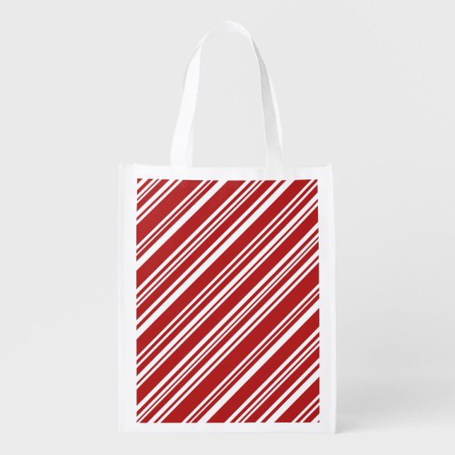 Diagonal Red and White Peppermint Stripes Grocery Bag (Front)