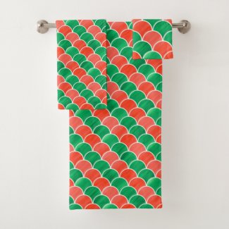 Diagonal Red Green Gouache Scale Pattern Towel Set