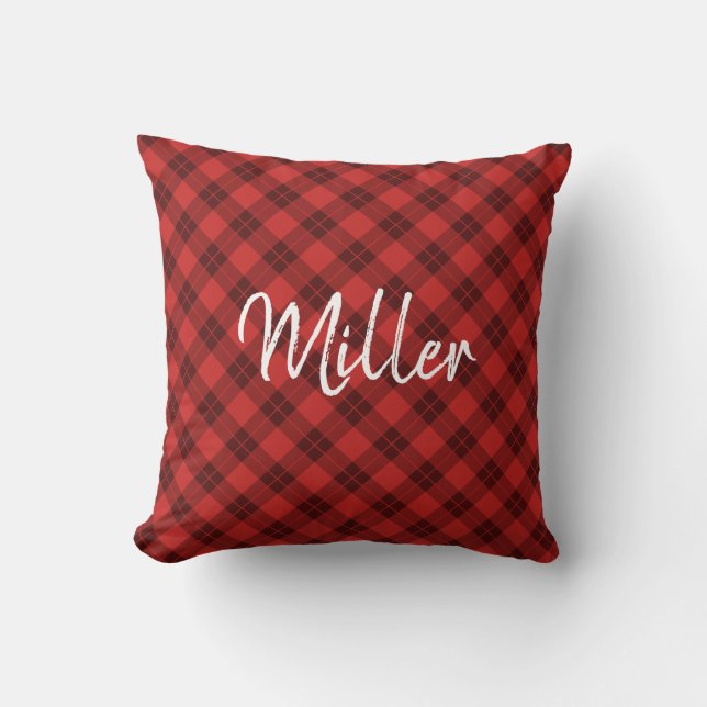 Diagonal Red Plaid Pattern White Script Name Throw Pillow (Front)