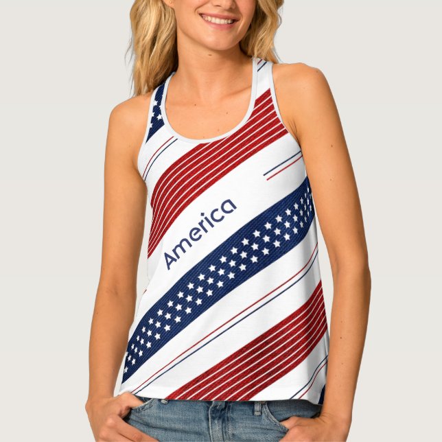 Diagonal Red White Blue Stars & Stripes Pattern  Tank Top (Front)