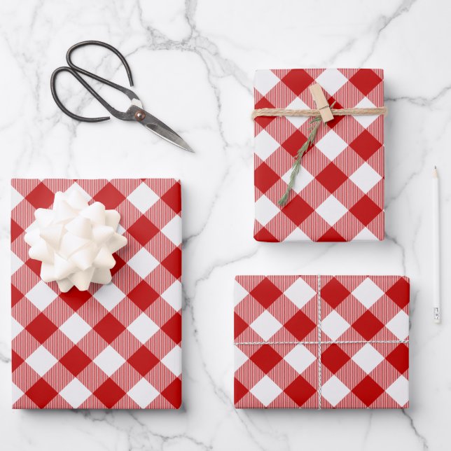 Diagonal Red White Squares Buffalo Plaid Check Wrapping Paper Sheets (Front)