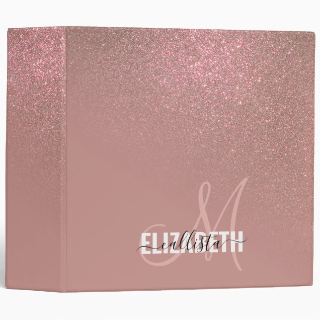 Diagonal Rose Gold Glitter Gradient Ombre Monogram 3 Ring Binder (Front/Spine)
