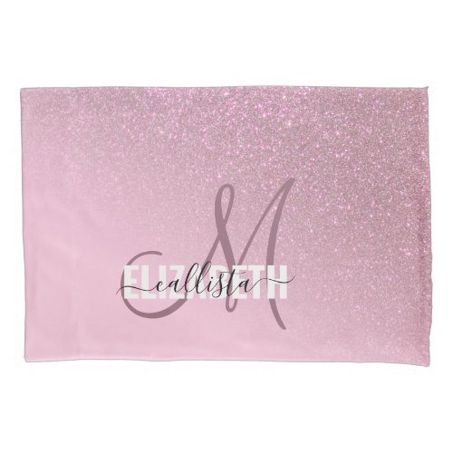 Diagonal Rose Pink Glitter Gradient Ombre Monogram Pillow Case