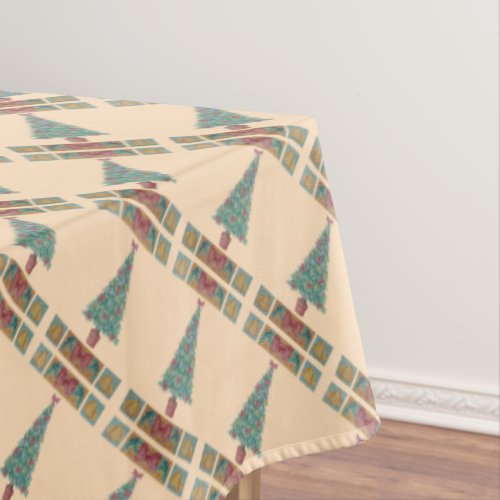 diagonal rows of decorated trees for christmas tablecloth