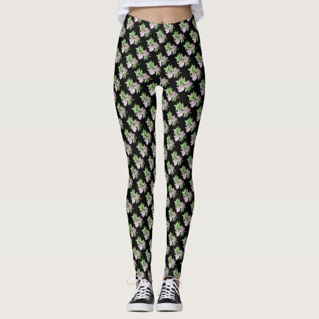 diagonal rows of small pink flowers floral black leggings (Front)
