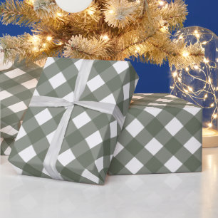 Diagonal sage green and White Buffalo Plaid Wrapping Paper