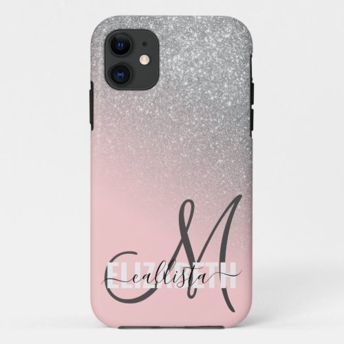 Diagonal Silver Blush Pink Ombre Gradient Monogram iPhone 11 Case