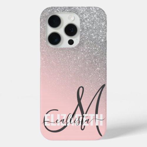 Diagonal Silver Blush Pink Ombre Gradient Monogram iPhone 15 Pro Case