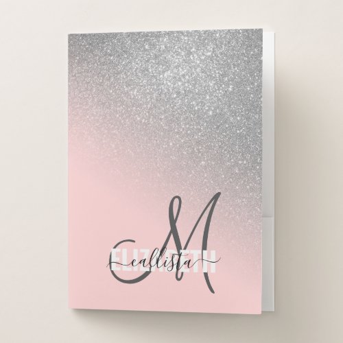 Diagonal Silver Blush Pink Ombre Gradient Monogram Pocket Folder