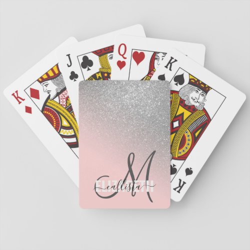 Diagonal Silver Blush Pink Ombre Gradient Monogram Poker Cards