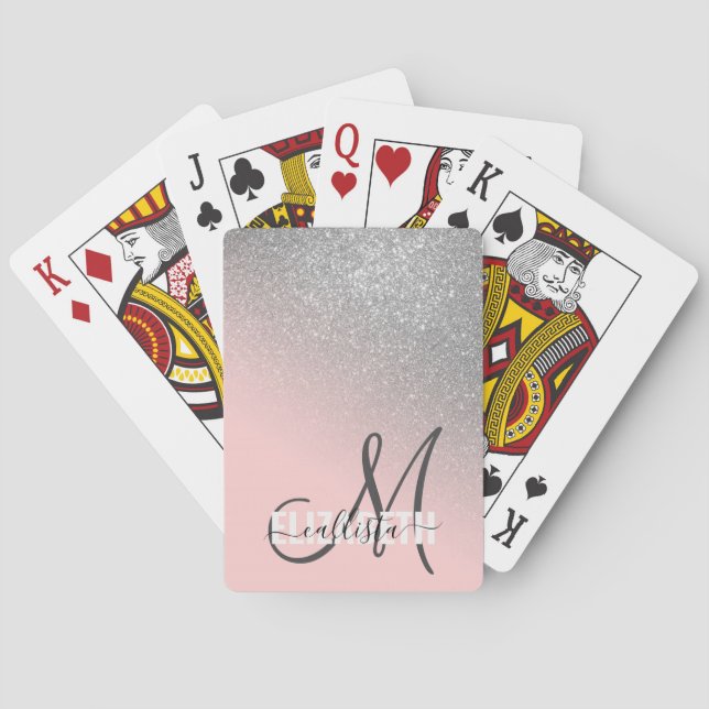 Diagonal Silver Blush Pink Ombre Gradient Monogram Poker Cards (Back)