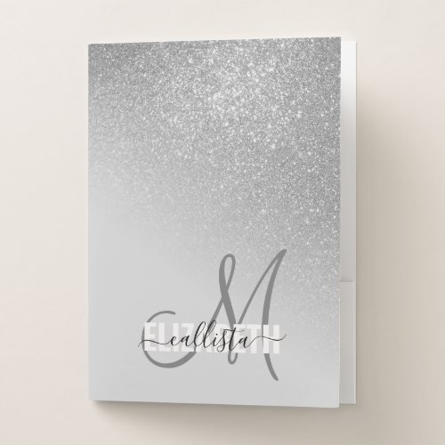 Diagonal Silver Glitter Gradient Ombre Monogram Pocket Folder