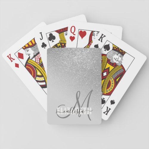 Diagonal Silver Glitter Gradient Ombre Monogram Poker Cards