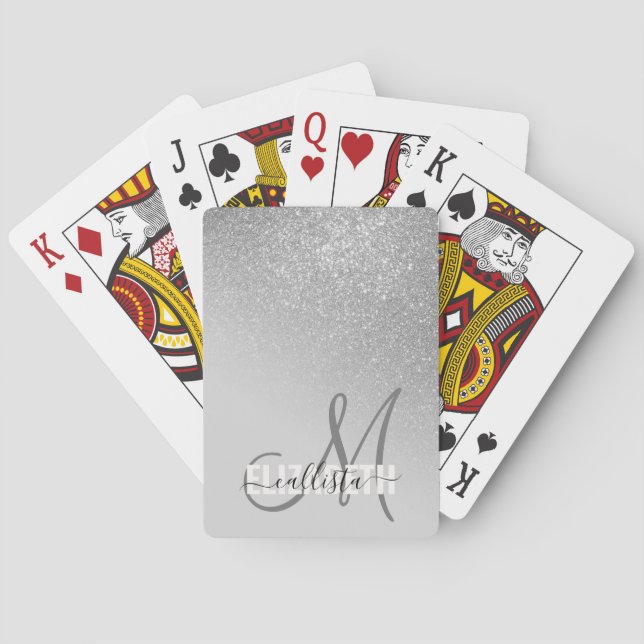 Diagonal Silver Glitter Gradient Ombre Monogram Poker Cards (Back)