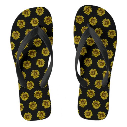 diagonal small yellow sunflowers against black flip flops