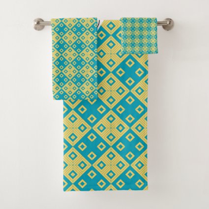 Diagonal squares in teal and yellow colors bath towel set