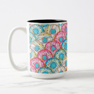 Diagonal stacked watercolor donuts on teal Two-Tone coffee mug