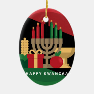 diagonal stripe Happy Kwanzaa Ceramic Ornament