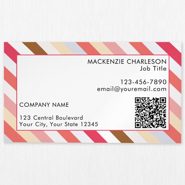 Diagonal Stripe Modern QR Code Business Card Magnet (Diagonal candy stripe business card magnet with QR code in muted colors.)