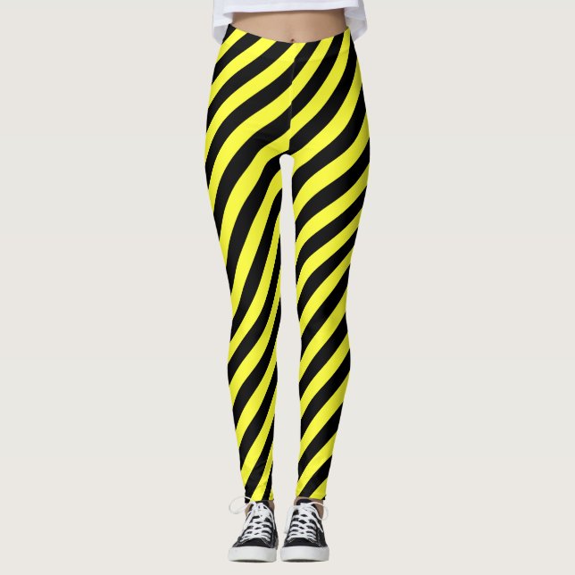Diagonal Stripe Pattern Black and Yellow Leggings (Front)