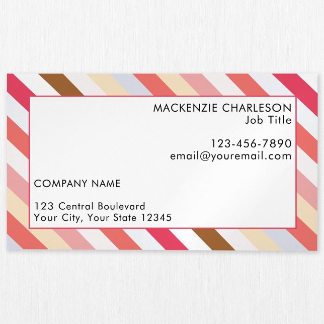 Diagonal Stripe Warm Toned Modern Business Card Magnet (Candy striped muted warm toned custom business card magnet)