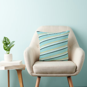 Diagonal Stripes – Aqua Teal, Gold, Black & White  Throw Pillow