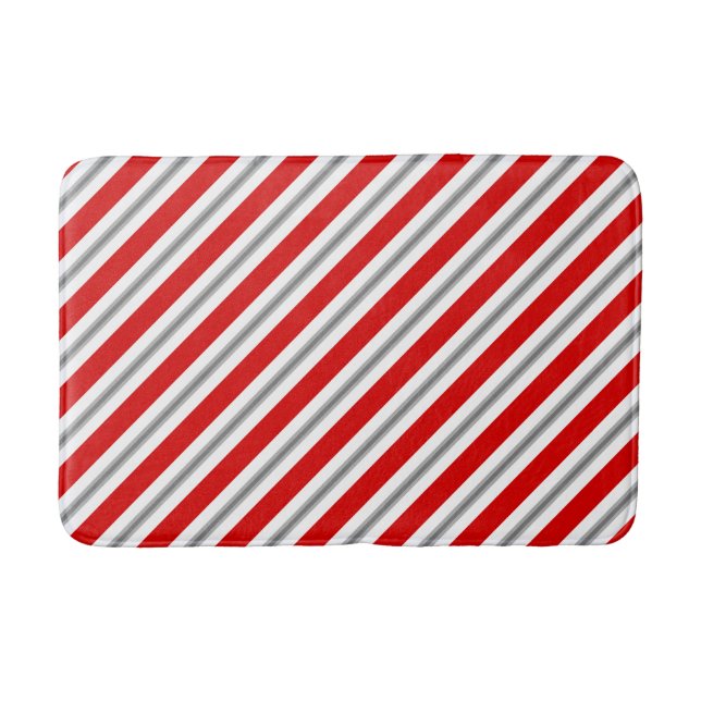 Diagonal stripes - deep red white and gray / grey bath mat (Front)