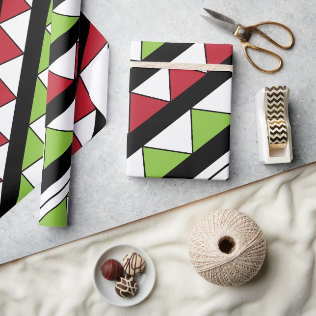 Diagonal Stripes Green Red Triangles Pattern Wrapping Paper (Crafts)