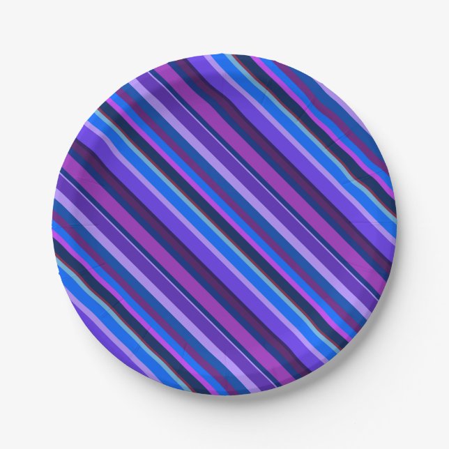 Diagonal stripes in blue and purple paper plates (Front)