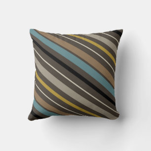 Diagonal Stripes Pillow Blue Brown Mustard Beige