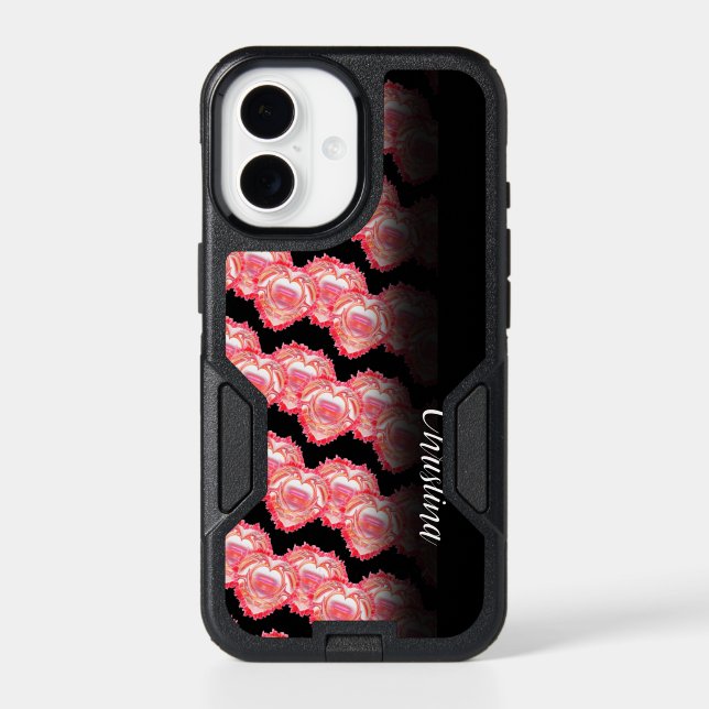 Diagonal Tattered Heart Rows Over Black Otterbox iPhone Case (Back)