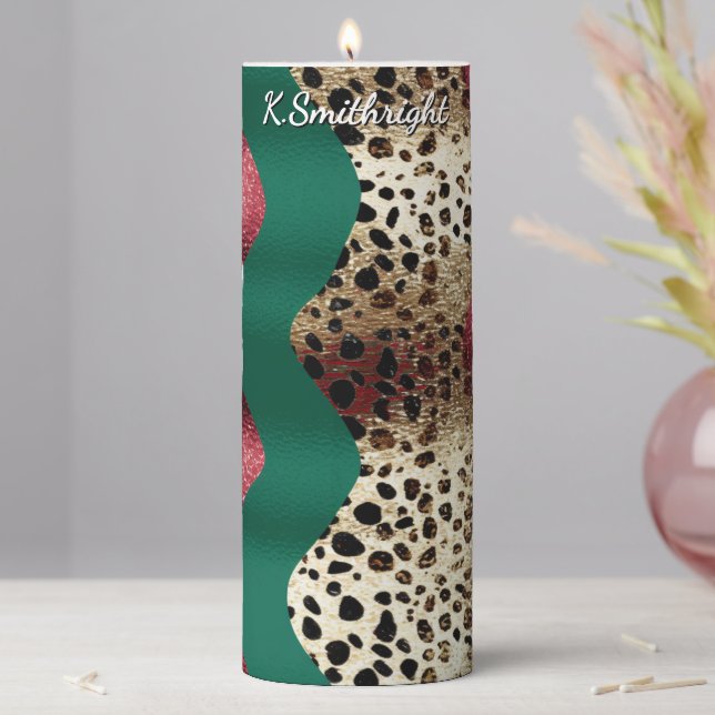 Diagonal Textured Animal Print Strips Pillar Candle (In Situ)
