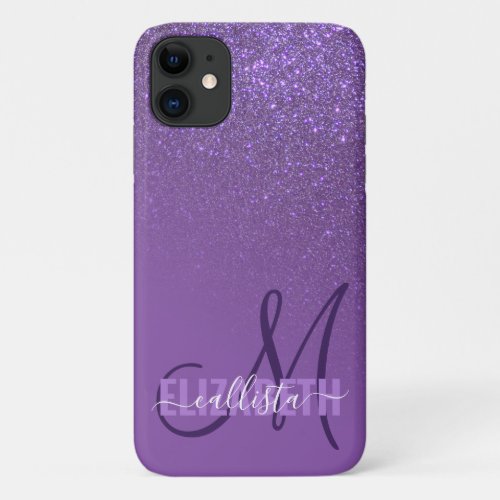 Diagonal Violet Purple Glitter Gradient Monogram iPhone 11 Case