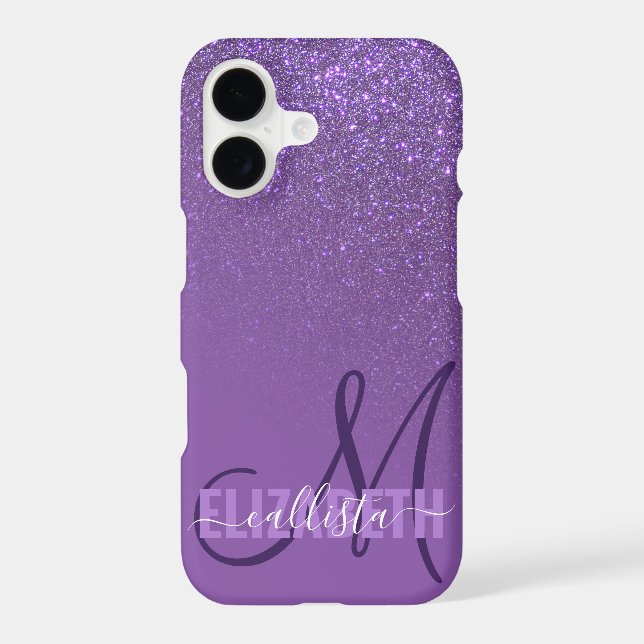 Diagonal Violet Purple Glitter Gradient Monogram Iphone Case (Back)
