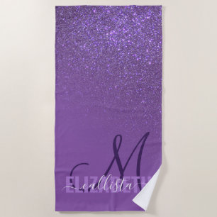 Diagonal Violet Purple Glitter Gradient Ombre Beach Towel